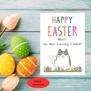 Lustige Osterkarte zum Ausdrucken, Frohe Ostern Karte mit Kitty Anstelle von Kaninchen, Herunterladbare Fertig zum Drucken 5x7, Umschlagvorlage Inkl.