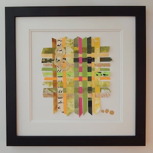 Green and Gold Woven Paper Wall Art, Paper Weaving Artwork, Handmade Mixed Media Paper Art in Black 10x10 Frame, Ready to Hang