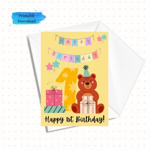Cartão de 1º aniversário com urso de festa e presentes, para download, 1º aniversário, 5x7, pronto para impressão como download instantâneo (modelo de envelope incluso)