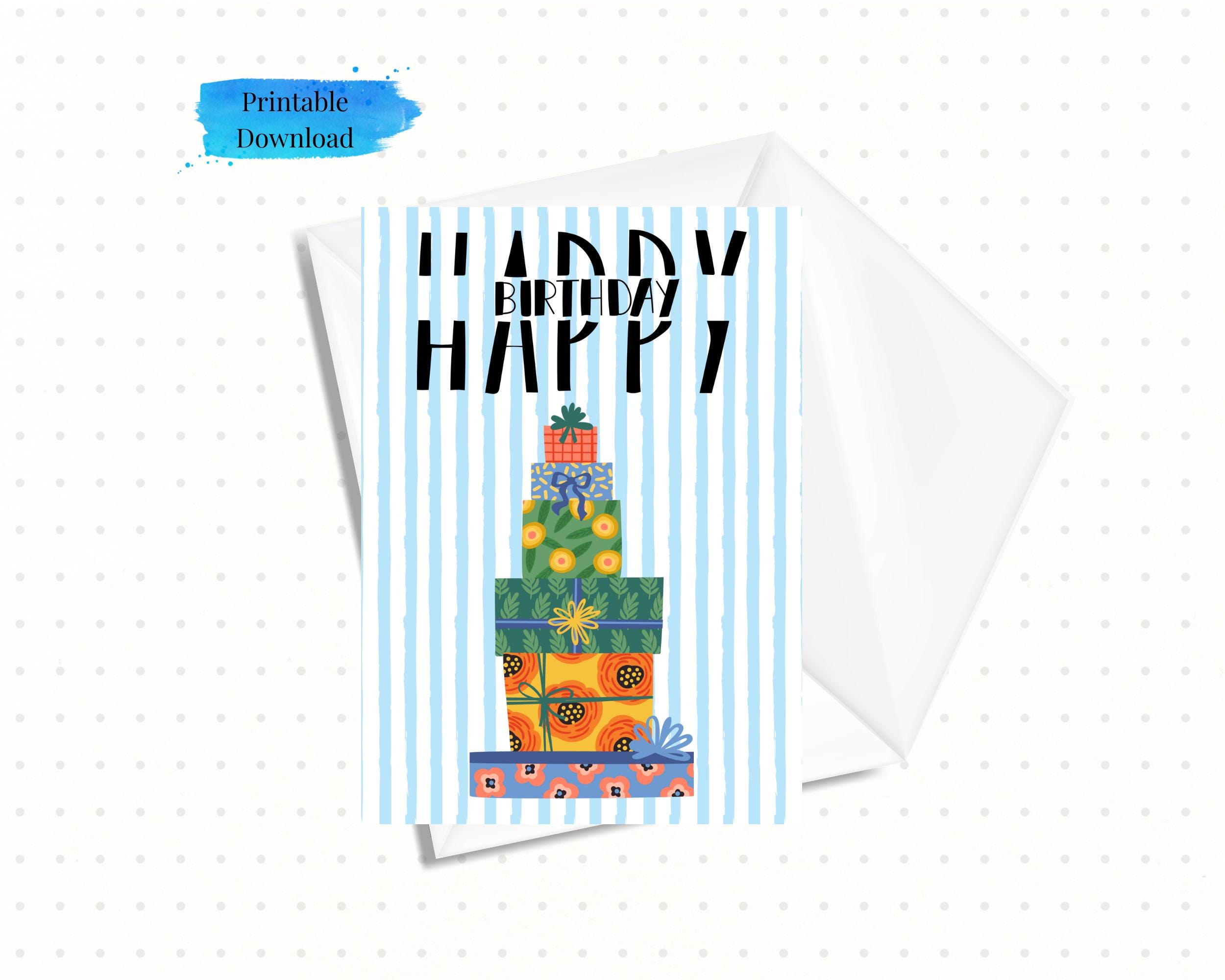 Printable Sophisticated Birthday Card with Gift Boxes, Ready to Print Bday Card, Downloadable 5x7 Instant Download (Envelope Template Incl.)