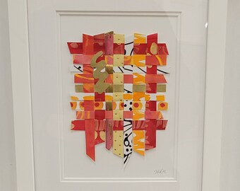 Red and Gold Woven Paper Wall Art, Paper Weaving Artwork, Handmade Mixed Media Paper Art in 8x10 White Mat and Frame, Ready to Hang