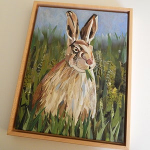Paper Collage Original Wall Art, Rabbit Bunny Collage Mixed Media Art, Paper Collage + Acrylic on 12&quot;Hx9&quot;W on Canvas, Maple Wood Frame Incl.