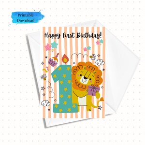 Printable First Birthday Card with Lion, Downloadable Birthday Card 5x7, Ready to Print Card as Instant Download (Envelope Template Incl.)