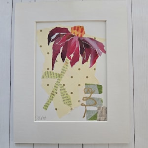 Floral Collage Art of Pink Coneflower, Mixed Media Collage Art, Small Original Collage for Home Decor, 5x7 in 8x10 Mat (Frame Not Incl.)