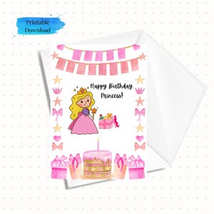 Cartão de aniversário de princesa para impressão, cartão de feliz aniversário para sua princesa, pronto para imprimir 5x7, download instantâneo (modelo de envelope incluso)