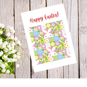 Druckbare Osterkarte, Frohe Ostern Karte im geometrischen Häschen-Design, herunterladbare, 13 x 20 cm große Karte, A7-Umschlagvorlage Inkl.