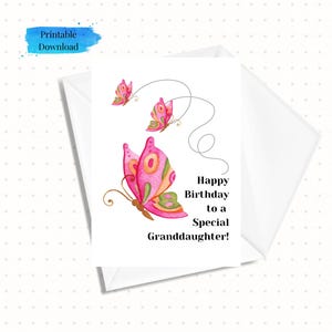 Tarjeta de cumpleaños imprimible para nieta con mariposas, descargable, lista para imprimir en casa, 5 x 7, descarga instantánea (plantilla de sobre incluida)