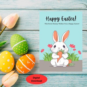 Carte de Joyeuses Pâques imprimable, carte de voeux de Pâques avec un joli lapin, téléchargeable prête à imprimer 5 x 7, modèle d'enveloppe, modèle d'enveloppe incl.