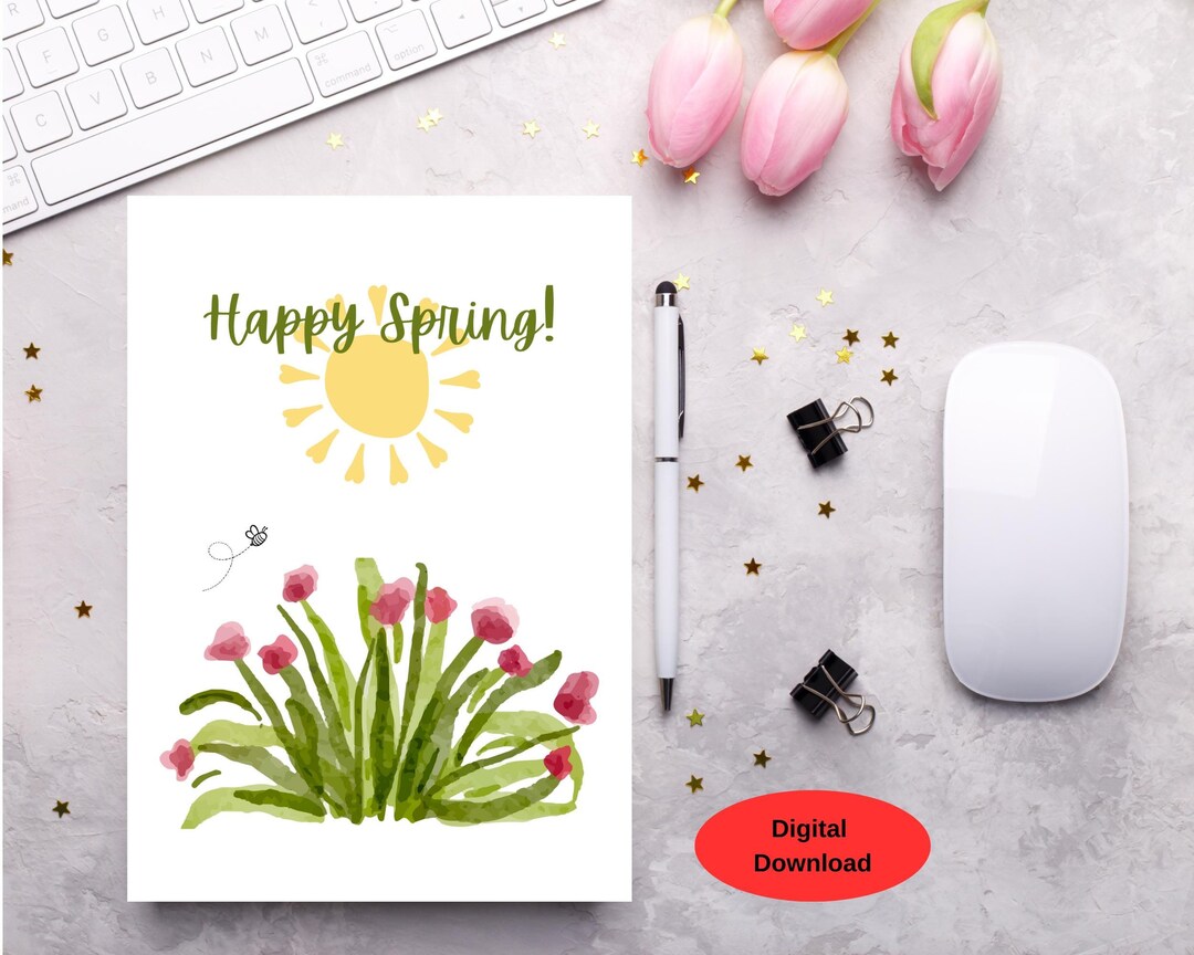 Printable Digital Card for Happy Spring With Pink Tulips, Spring ...