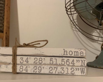 Wooden Books, Latitude & Longitude, GPS, Coordinates, Customizable Wooden Book Stacks, Farmhouse Home Decor, Life&#39;s Canopy