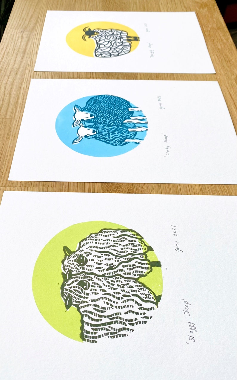 Sheep lino prints set of three