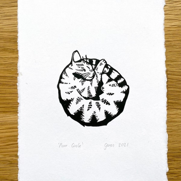 Sleepy cat lino print