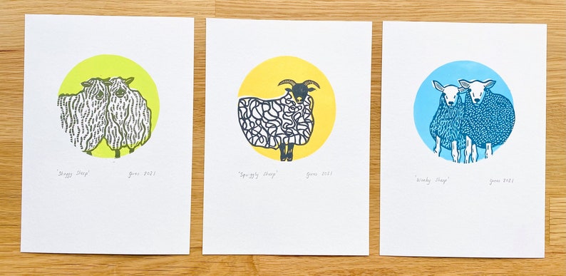 Sheep lino prints set of three