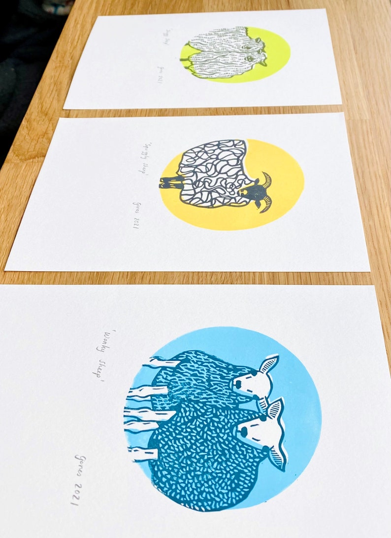 Sheep lino prints set of three