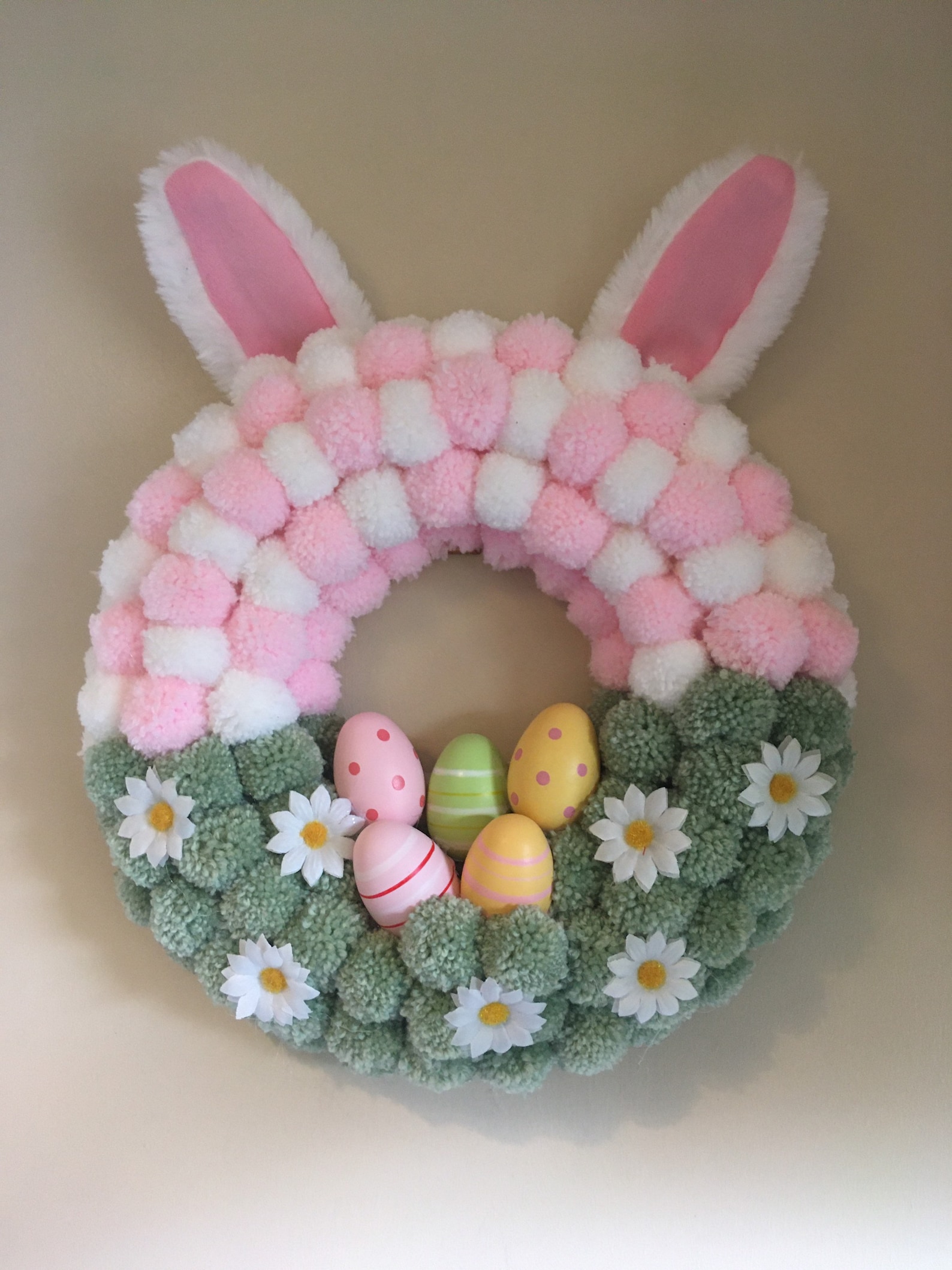 Bunny Head Pom Pom Wreaths with Flowers and Eggs