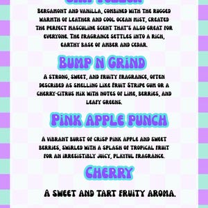 May include: A rectangular sign with a purple and light blue checkerboard border. The text lists fragrance descriptions: Jax Teller, Bump N Grind, Pink Apple Punch, Cherry, and Sons and Rag, featuring notes of bergamot, vanilla, leather, amber, cedar, lime, berries, and apple.