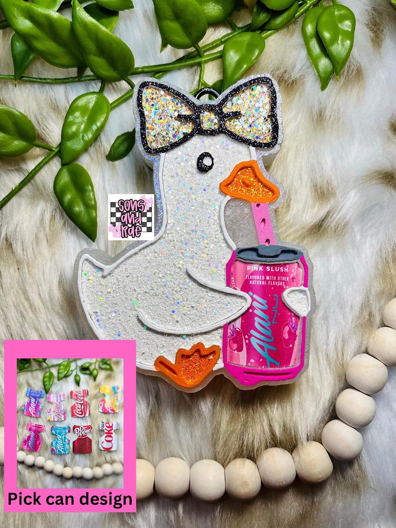 Goose Car Freshie, Glitter Air Freshener, Car Scents Accessory, goose with can, porch goose, goose freshie, silly goose, energy drink image 1