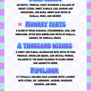 May include: A rectangular sign with a light purple and teal checkered border featuring four scent descriptions: Pink Sands, Monkey Farts, A Thousand Wishes, and Pipeliner, with the text Sons and Rag at the bottom in a purple rounded rectangular box.
