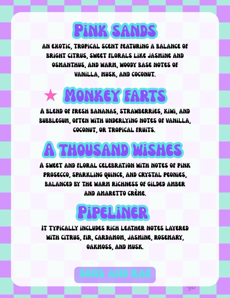 May include: A rectangular sign with a light purple and teal checkered border featuring four scent descriptions: Pink Sands, Monkey Farts, A Thousand Wishes, and Pipeliner, with the text Sons and Rag at the bottom in a purple rounded rectangular box.