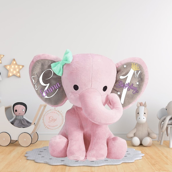 Personalized 1st Birthday Elephant Gift, Baby Girl Plush Toy