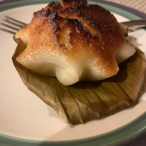 May include: A close-up of a baked pastry on a plate. The pastry has a light brown, slightly charred top and a white base, resting on a brown leaf. A fork is visible on the left side of the plate. The plate has a green rim.