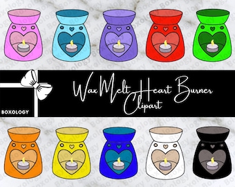 May include: Set of ten digital clipart images of wax melt heart burners in various colors, including pink, blue, purple, red, green, orange, yellow, teal, white, and black. The images are perfect for crafting projects, social media, and more.  "Wax Melt Heart Burner Clipart"