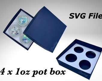 May include: A blue cardboard box with a white interior and four circular cutouts. The box is open and four small clear jars with snowflake designs are inside. The text "SVG File" and "4 x 1 oz pot box" are visible on the image.