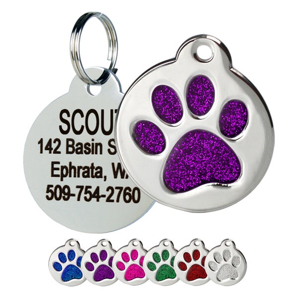 GoTags Glitter Dog Tags Personalized, Engraved Dog ID Tag, Stainless Steel Paw Print Dog Tag with Glitter, Custom Pet Tags for Cats & Dogs