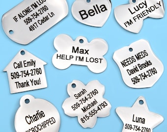 GoTags Dog Tag, Dog Tag Personalized, Stainless Steel Custom Engraved, Bone, Round, Heart, Bow Tie, Star Shapes, Dog Tag for Dogs and Cats