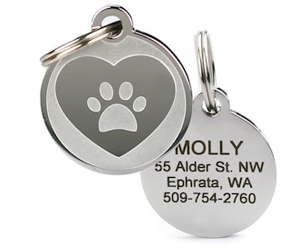 GoTags Pet Tag with Heart and Paw Print, Stainless Steel Personalized Dog Tag and Cat Tag Custom Engraved