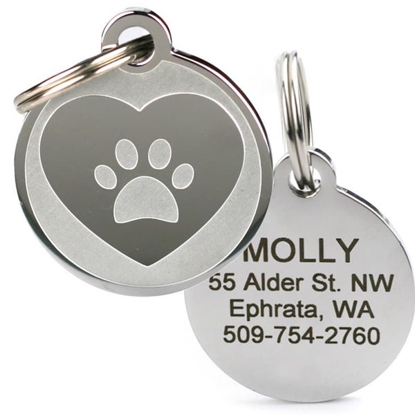 GoTags Pet Tag with Heart and Paw Print, Stainless Steel Personalized Dog Tag and Cat Tag Custom Engraved