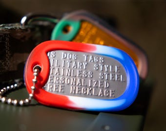 Stainless Steel US Military Dog Tag ID Set, Personalized & Embossed with Chains and Colorful Silencers Included, Customized in USA