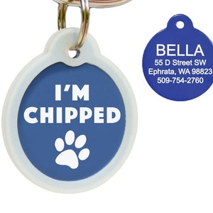 GoTags I'm Chipped Dog Tag, Microchipped Dog Tags Personalized, Microchip Cat Tag Engraved with Glow-in-the-Dark Tag Silencer