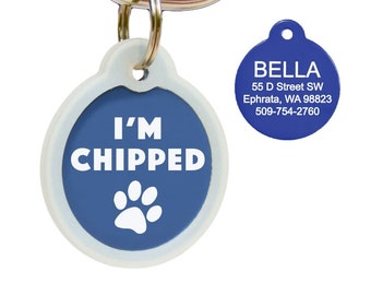 GoTags I'm Chipped Dog Tag, Microchipped Dog Tags Personalized, Microchip Cat Tag Engraved with Glow-in-the-Dark Tag Silencer