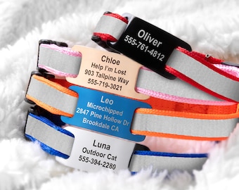 GoTags Personalized Reflective Cat Collar and Colorful Nameplate, Custom Engraved Tag on Breakaway Cat Collar with Name and Phone