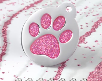GoTags Glitter Dog Tags Personalized, Engraved Dog ID Tag, Stainless Steel Paw Print Dog Tag with Glitter, Custom Pet Tags for Cats & Dogs