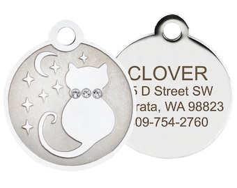 GoTags Personalized Cat Tag with Moon, Stars and Crystals - Stainless Steel Cat ID Tag - Custom Engraved Cat Name Tag - Small Cat Collar Tag