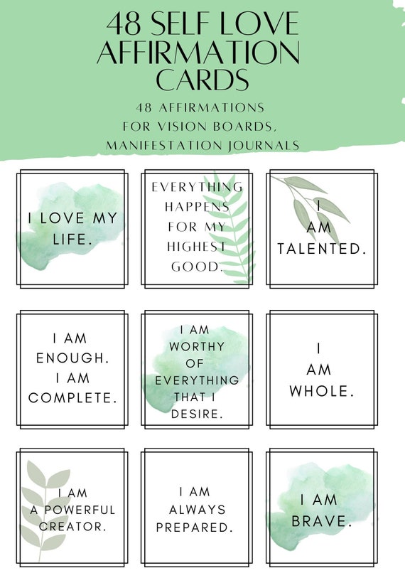48 Self Love Affirmation Cards Printable Green Affirmation | Etsy