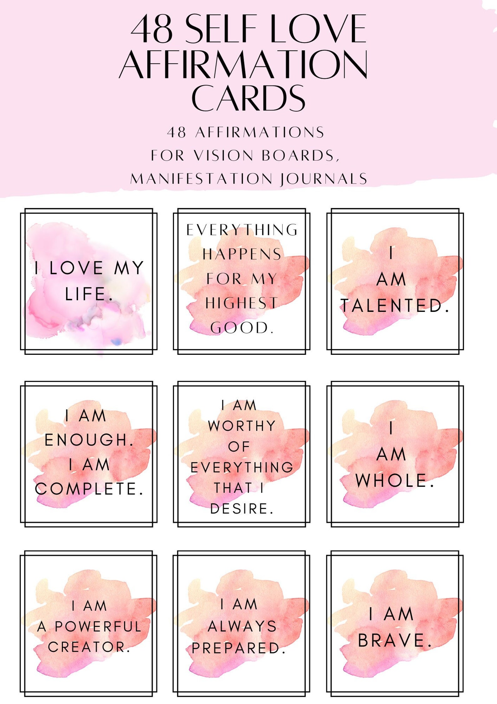 48 Self Love Affirmation Cards Printable Pink Affirmation | Etsy