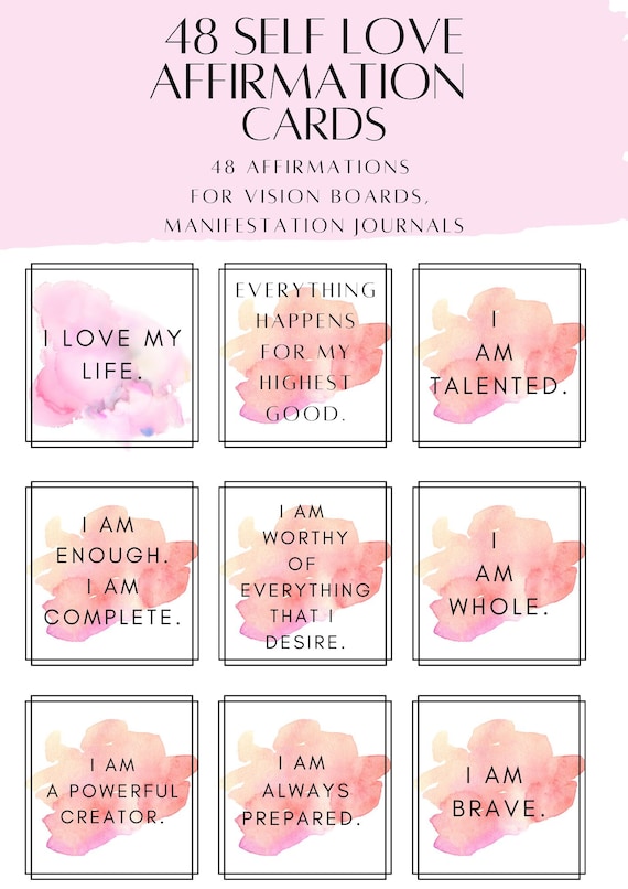 48 Self Love Affirmation Cards Printable Pink Affirmation | Etsy