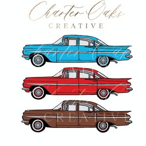 Vintage, classic car vehicle 1959 Impala Red, Blue, Brown SVG PNG digital file download
