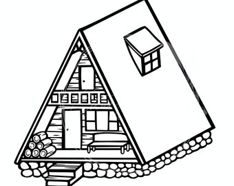 Pode incluir: Ilustração em preto e branco de uma pequena cabana em forma de A com uma lareira, um sofá, uma janela, uma porta e uma pilha de lenha. A cabana está sentada sobre uma base de pedras.