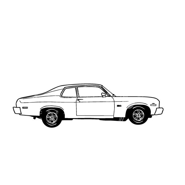 1970's Chevy Nova classic car vehicle line drawing SVG digital file download
