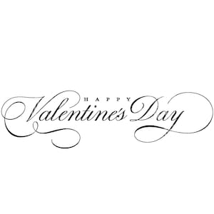 Pode incluir: Em um fundo branco, uma inscrição preta em escrita cursiva diz "Happy Valentine's Day". A caligrafia elegante apresenta enfeites decorativos, criando um design clássico e romântico. O texto está centralizado e ocupa a maior parte da imagem.