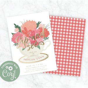 Elegant floral tea cup Sip and See baby shower invitation download