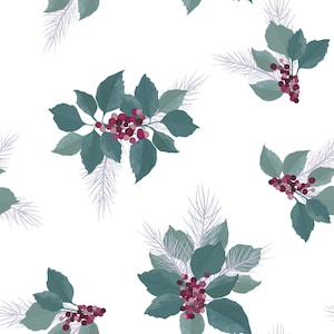 May include: A seamless pattern featuring clusters of red berries with green leaves and white sprigs on a white background.