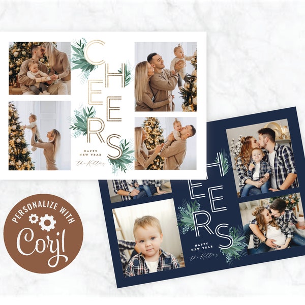 Greenery-embellished Cheers four-photo collage New Year's card customizable download