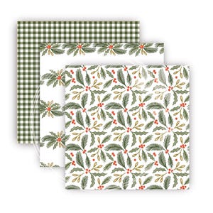 May include: Three different patterned paper sheets. The top sheet is a green and white gingham pattern. The middle sheet is a white background with a repeating pattern of green holly leaves and red berries. The bottom sheet is the same pattern as the middle sheet.