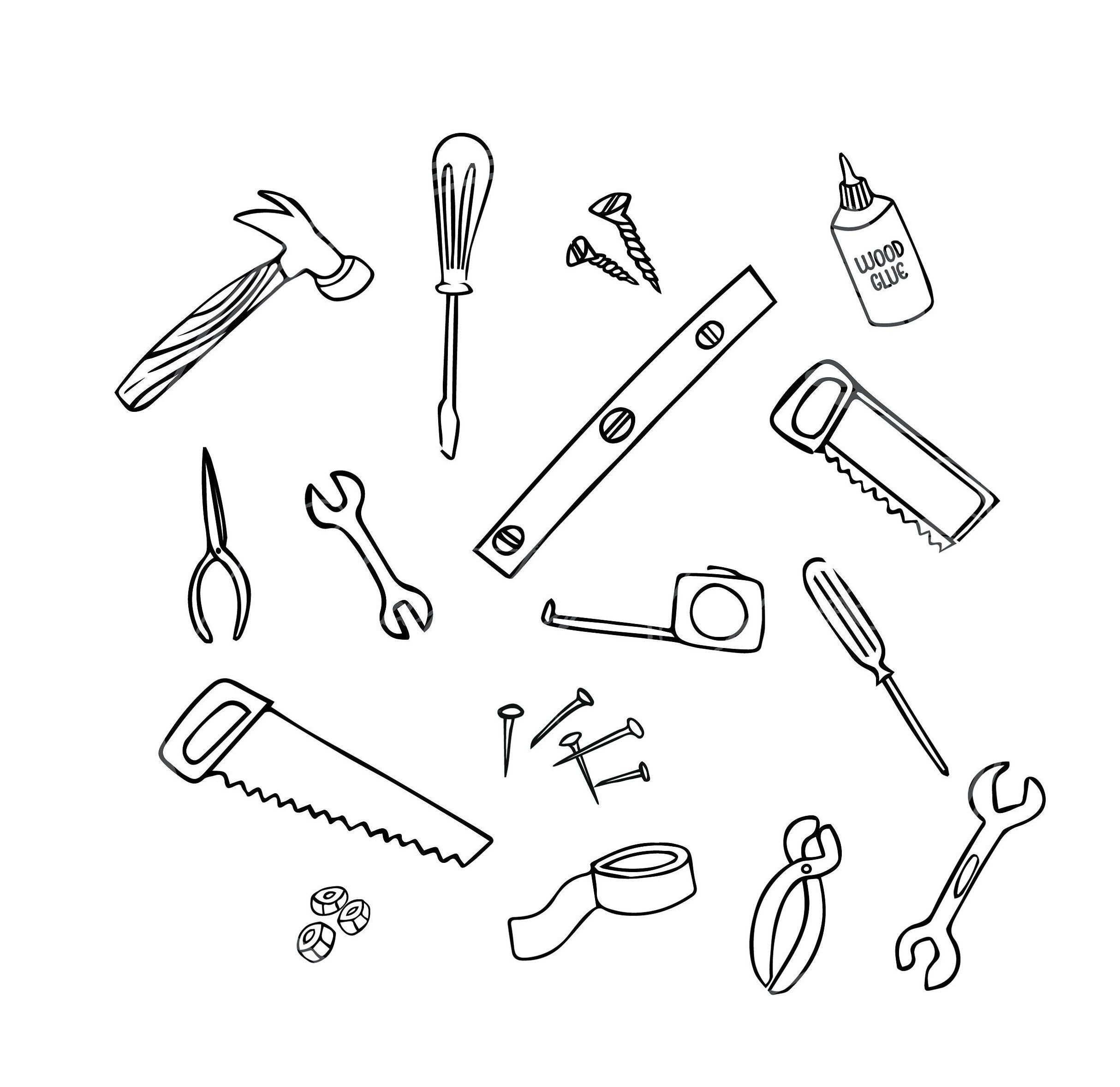 Set Of Fix Instruments For Kids Drawing In Hand Drawn Outline