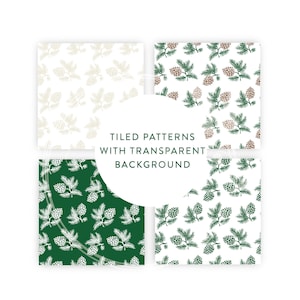 May include: Four square tiles showcasing pine cone patterns. The patterns include white, beige, brown, and green pine cones and needles on white and green backgrounds. The text "TILED PATTERNS WITH TRANSPARENT BACKGROUND" is in the center.
